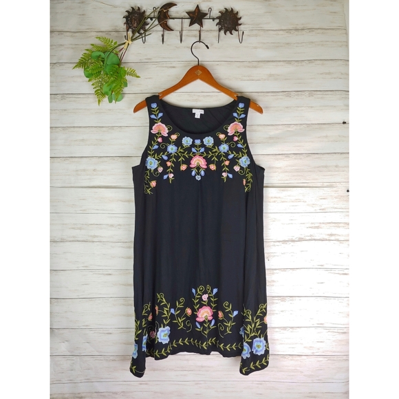 J. Jill Dresses & Skirts - J. Jill Black Embroidered Floral Swing Tank Dress